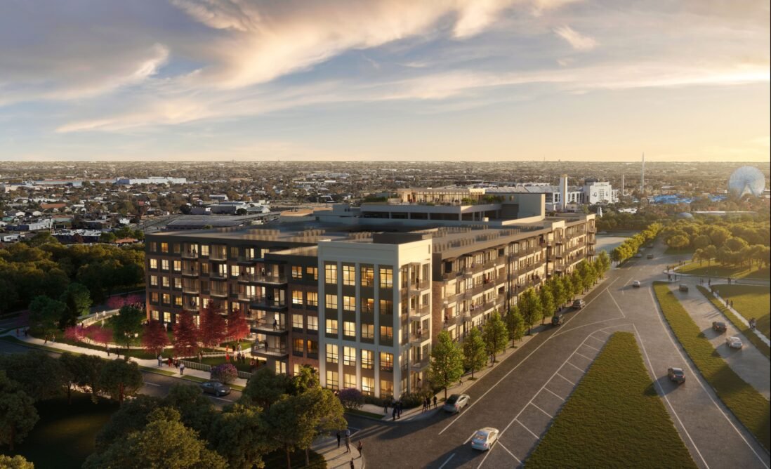 Aerial rendering of The Dahl with Fair Park visible in the distance