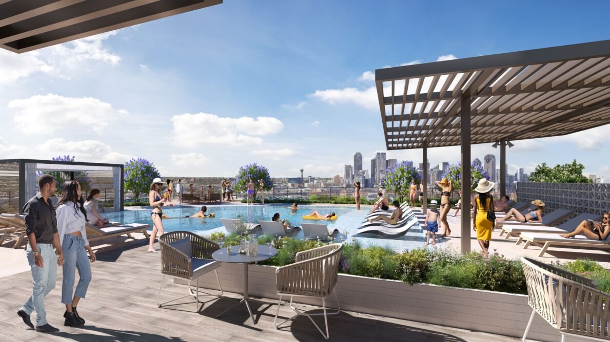 Rendering of the rooftop pool deck at The Dahl overlooking downtown Dallas