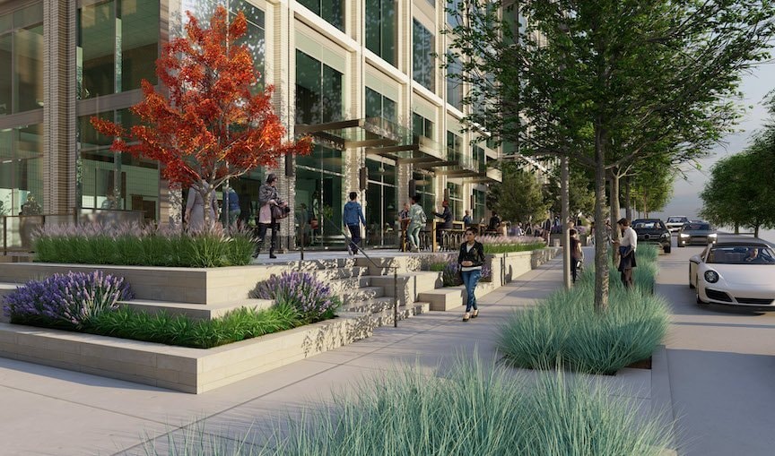 Rendering of the landscaped streetscape at the Crescent Offices West development