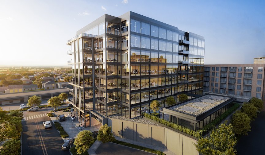 Aerial rendering of the Crescent Offices West tower in Fort Worth's Cultural District