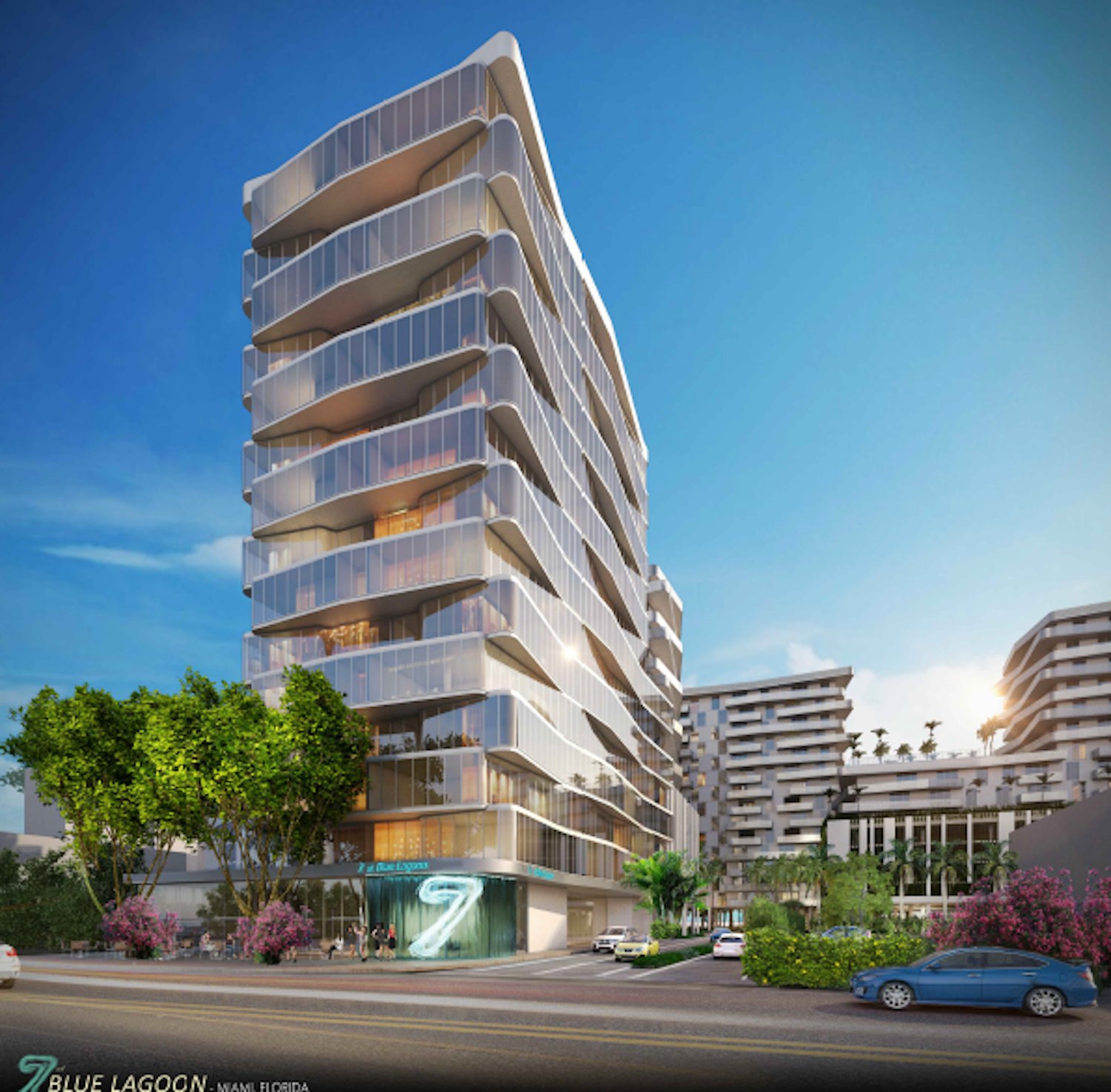 Street-level rendering of a tower at 7 at Blue Lagoon