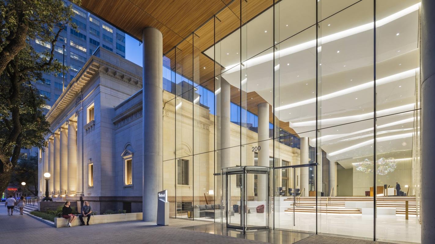 Lobby entrance of Indeed Tower at 200 W. 6th Street, incorporating the historic structure at its base