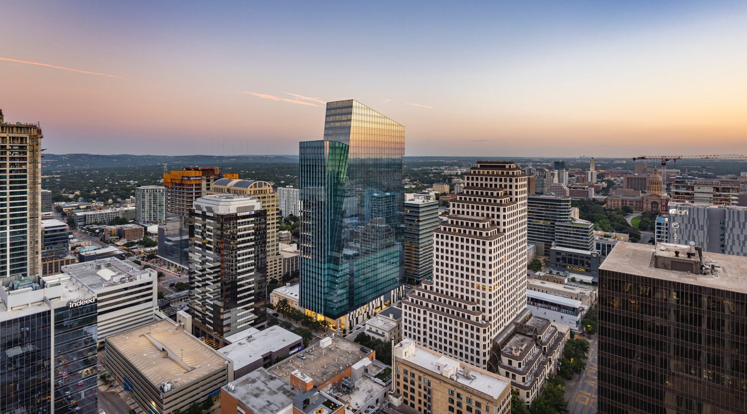 Aerial view of Indeed Tower at 200 W. 6th Street in downtown Austin