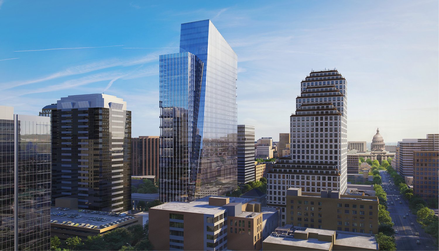 Rendering of Indeed Tower with the Texas State Capitol in the background