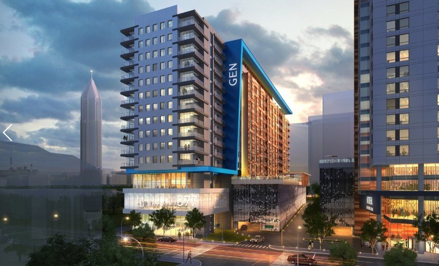 Rendering of Generation Atlanta at dusk, with the downtown skyline beyond