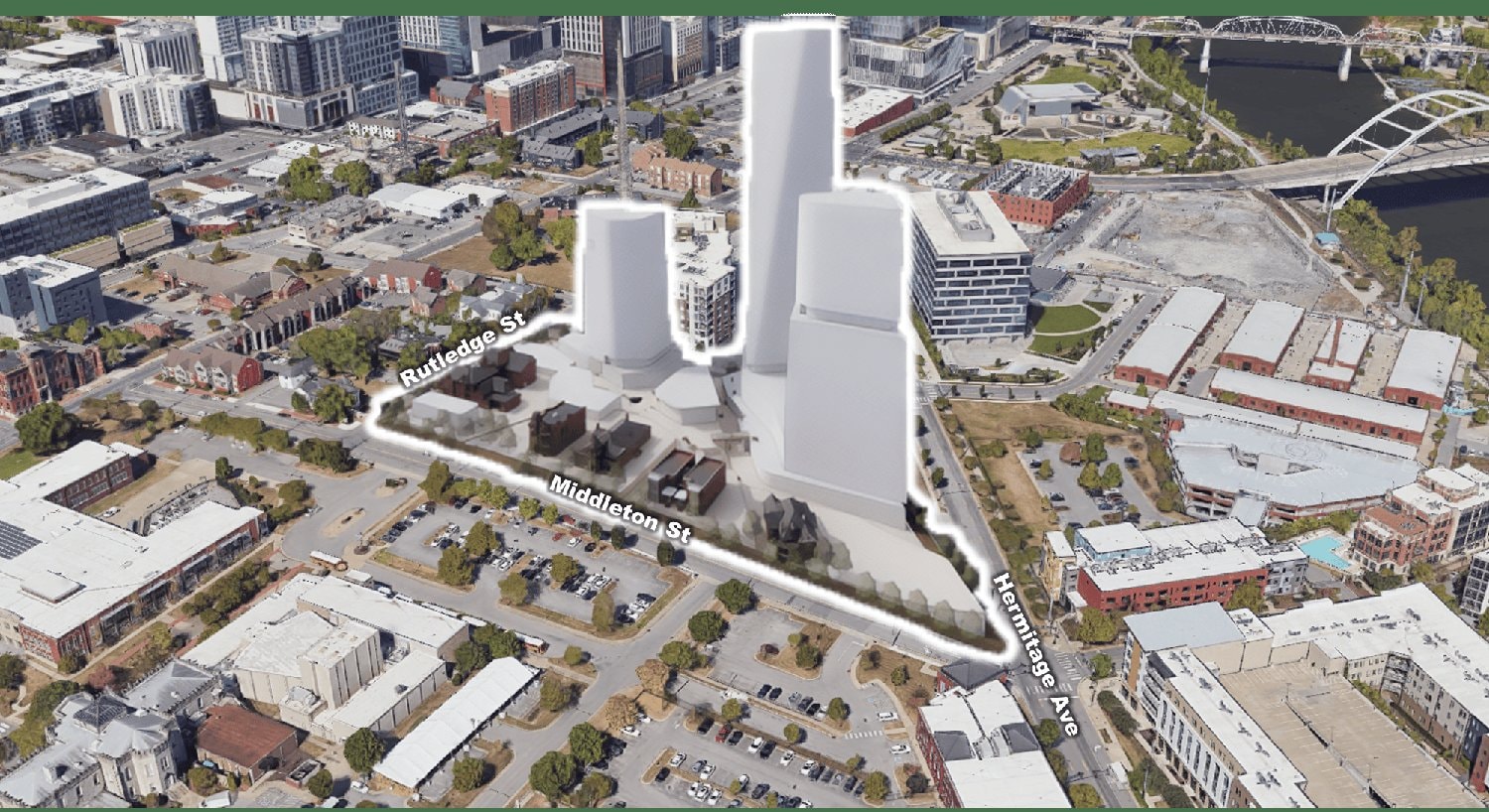 Aerial massing view of the three-tower Rutledge Hill redevelopment site near SoBro