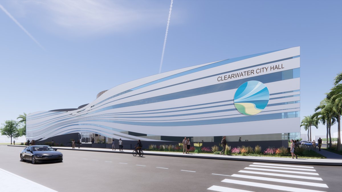 Street-level rendering of the proposed Clearwater City Hall (Wannemacher Jensen Architects)