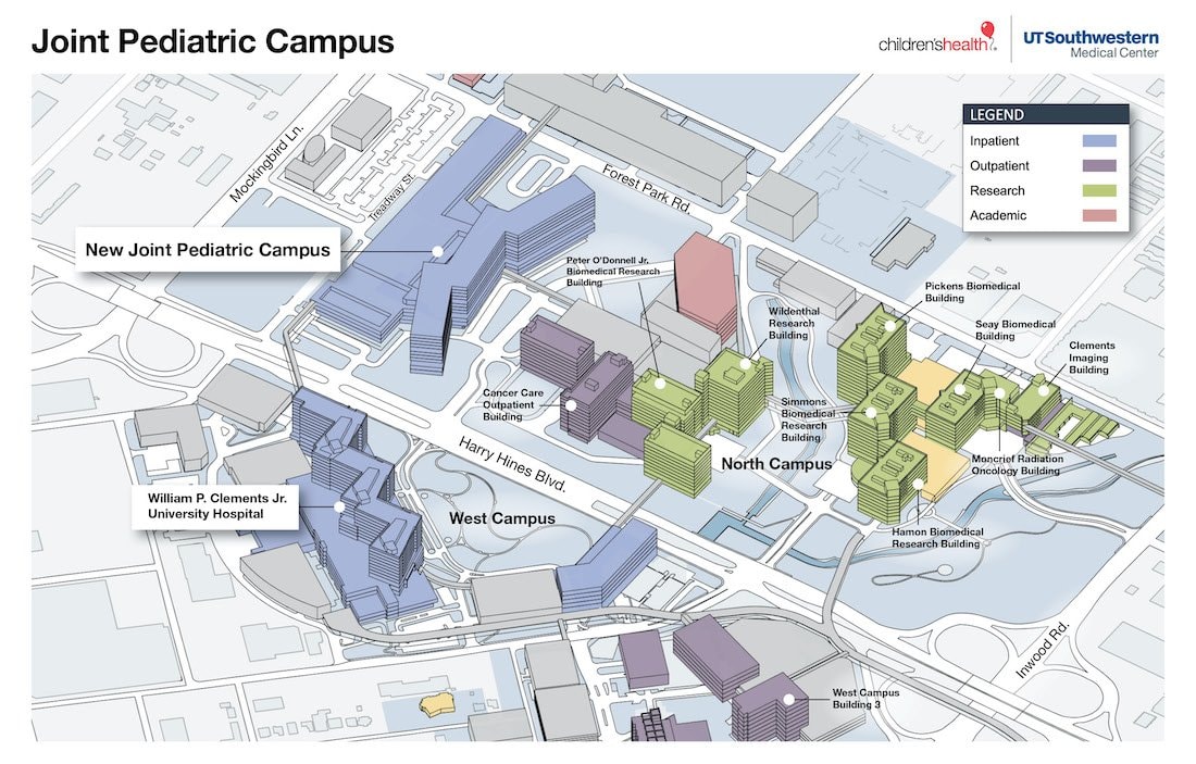 Site plan showing the New Joint Pediatric Campus within UT Southwestern's medical district