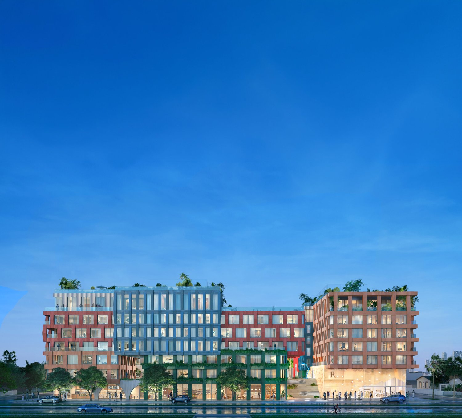 Evening rendering of WOMA Wynwood's illuminated facades