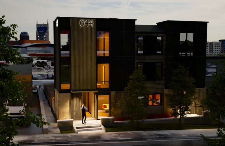 Alternate rendering of 644 Fogg St with the downtown Nashville skyline behind