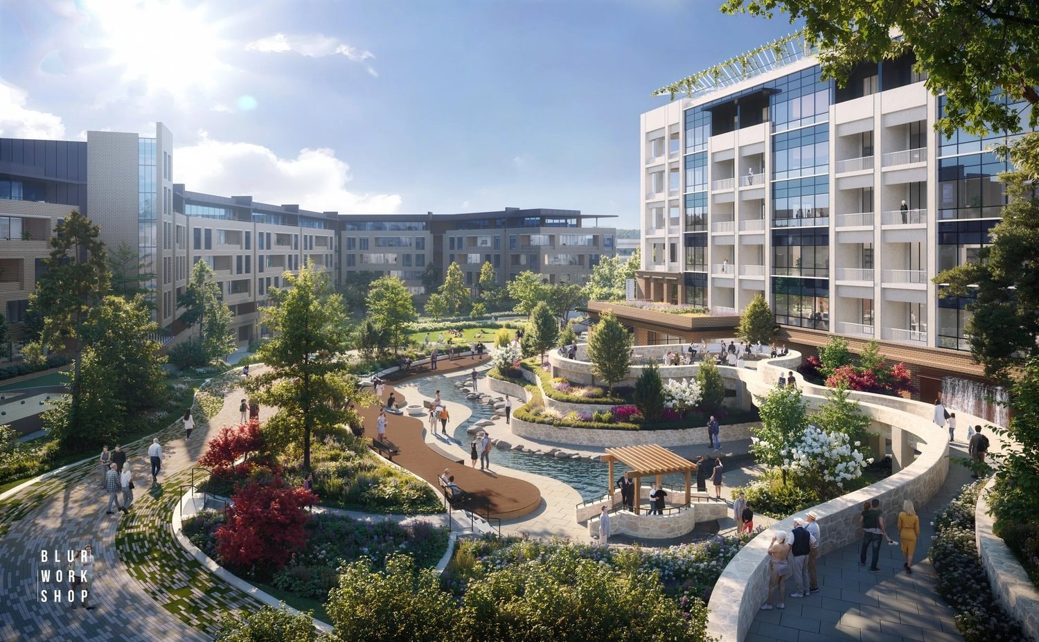 Rendering of the central green at the Ashford Green redevelopment in Brookhaven (BLUR Workshop)