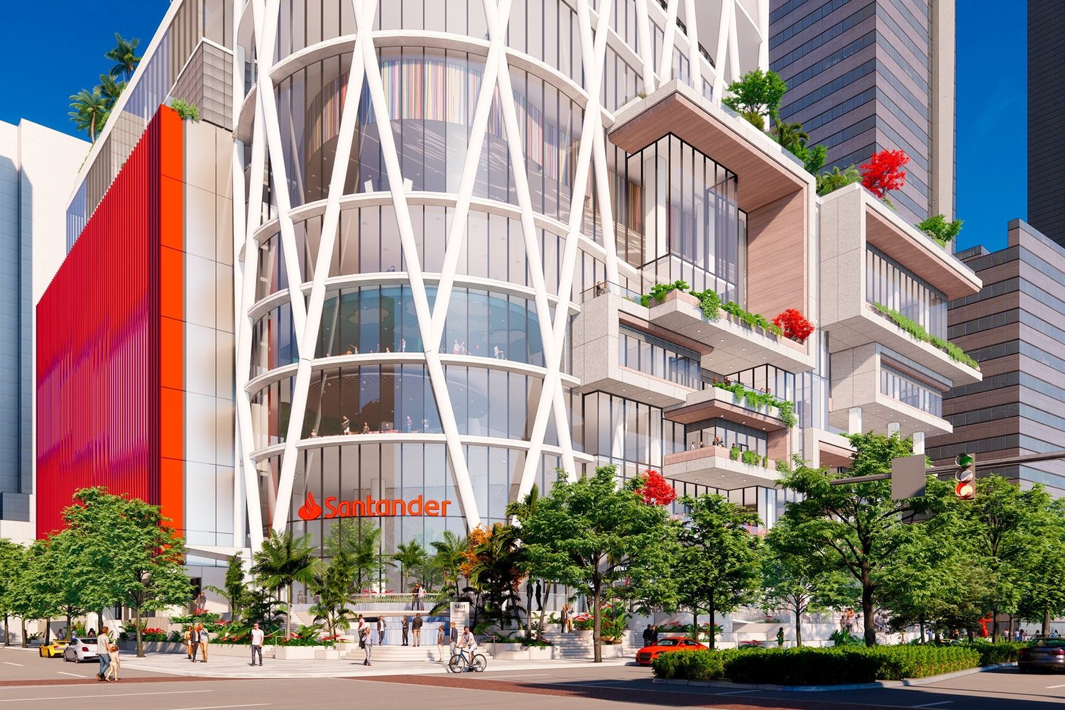 Street-level rendering of the 1401 Brickell by Santander podium and entrance