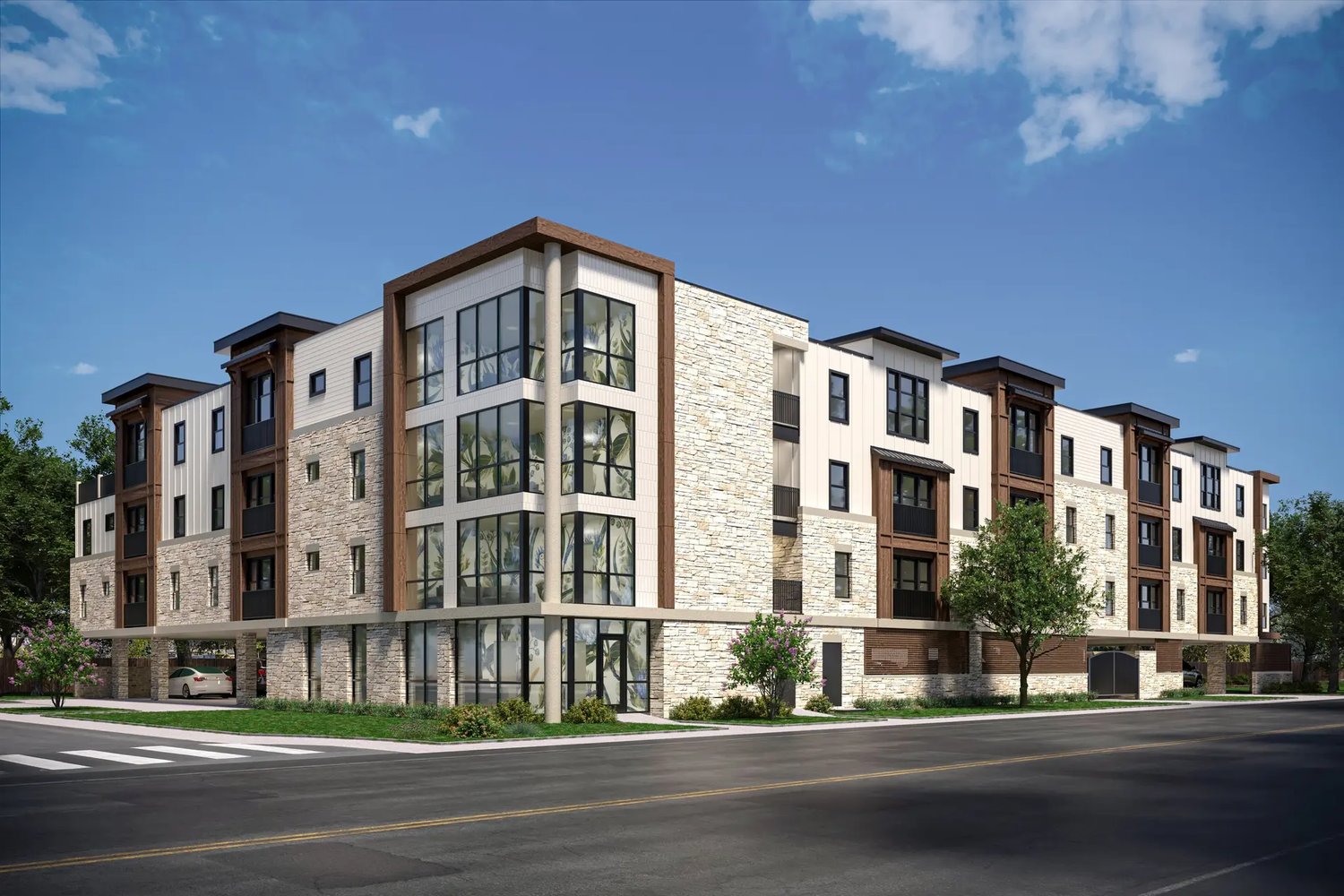 Rendering of one of the five affordable housing developments funded by Austin's $21M package