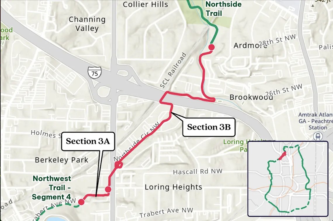 Map of Northwest Trail Sections 3A and 3B from Trabert Avenue to the Northside Trail