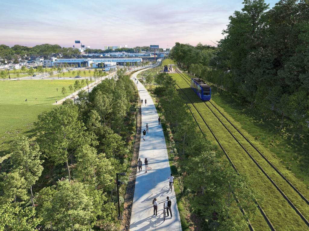 Rendering of light rail running alongside the Atlanta Beltline trail