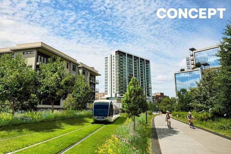 Concept rendering of Beltline light rail passing mixed-use development