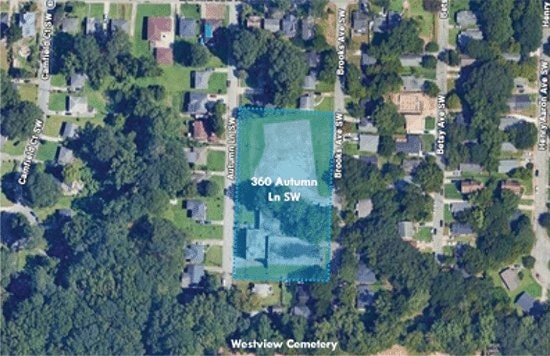 Aerial view of the Rosalie H. Wright School site at 360 Autumn Lane SW, near Westview Cemetery