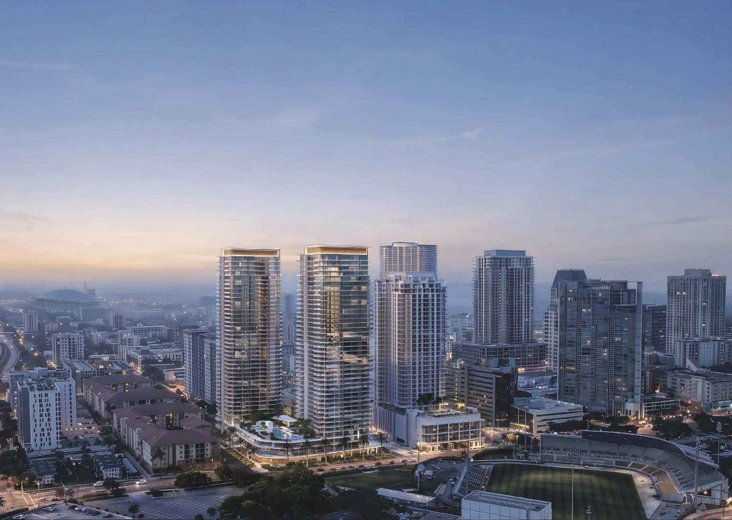Rendering of the proposed twin 44-story condo towers at the Hilton Bayfront site in downtown St. Petersburg