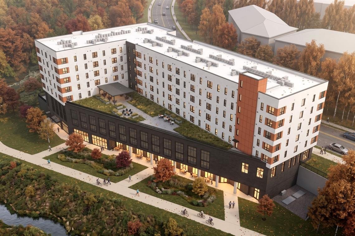 Aerial rendering of Overlook at Garson showing courtyard and green roof