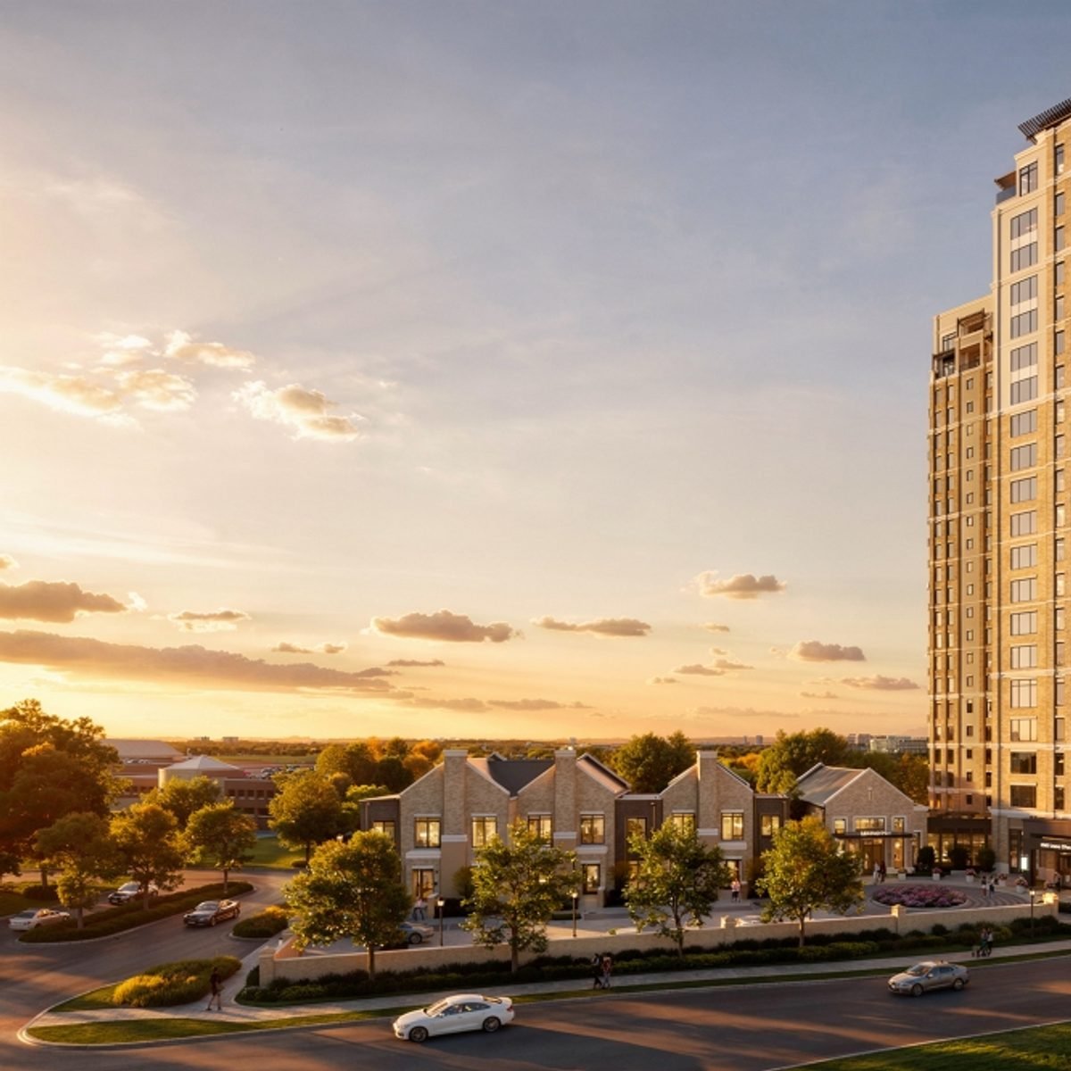 Rendering of the Park at Legacy townhomes with the Phase 1 tower rising behind