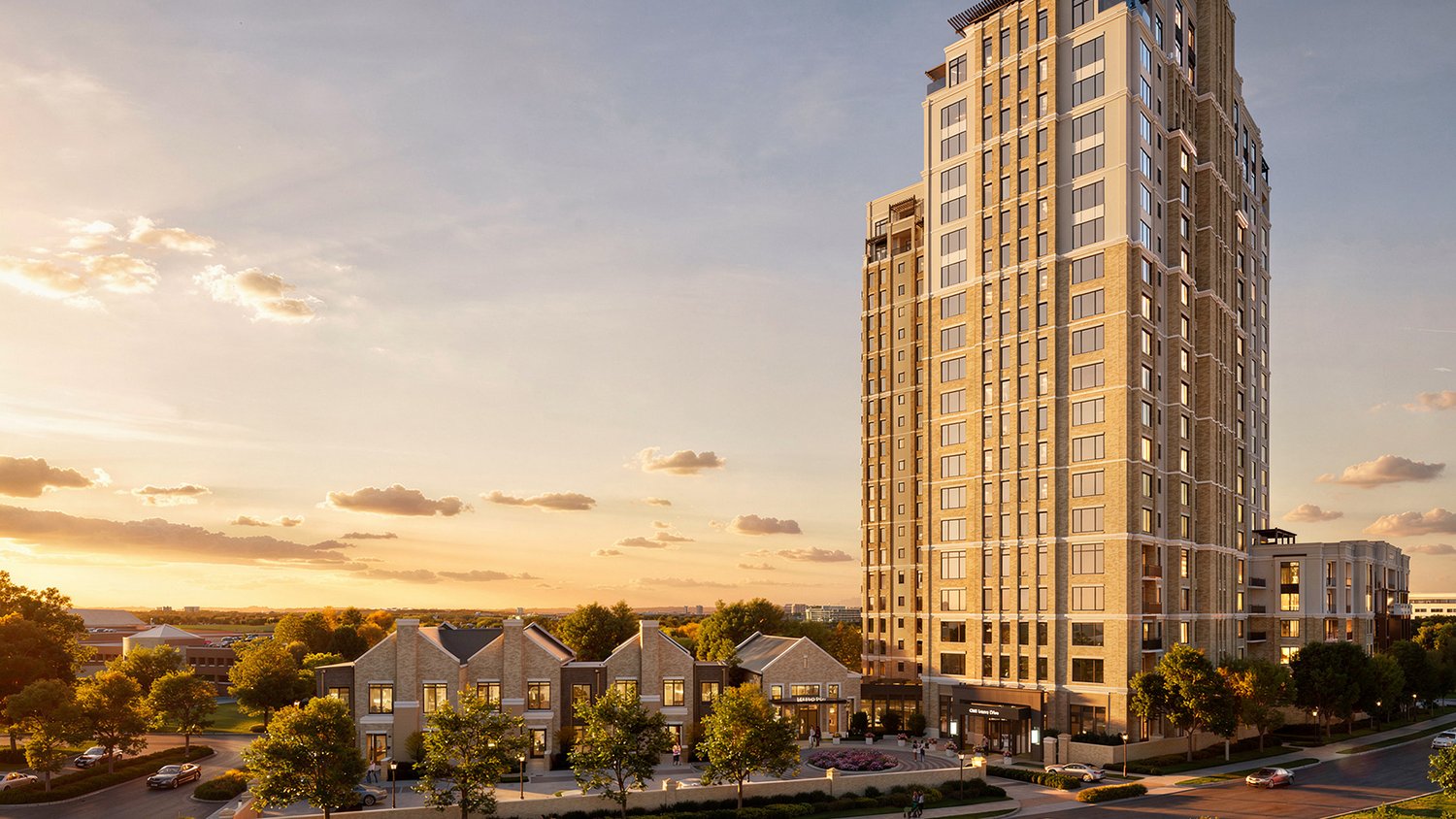 Rendering of the Park at Legacy Phase 1 tower and townhomes at sunset
