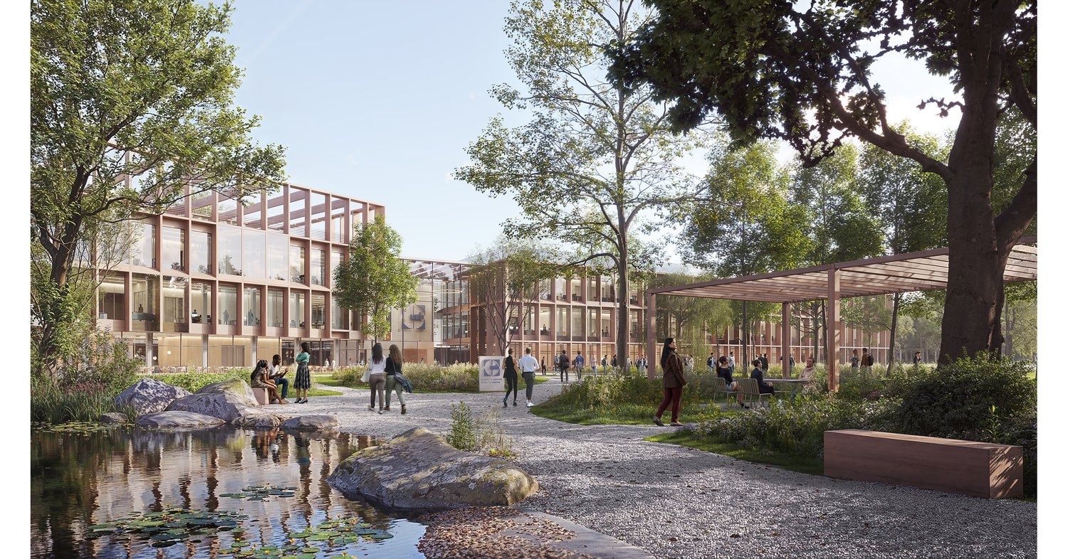 Rendering of the landscaped campus grounds at UCB's Rowen biologics manufacturing campus