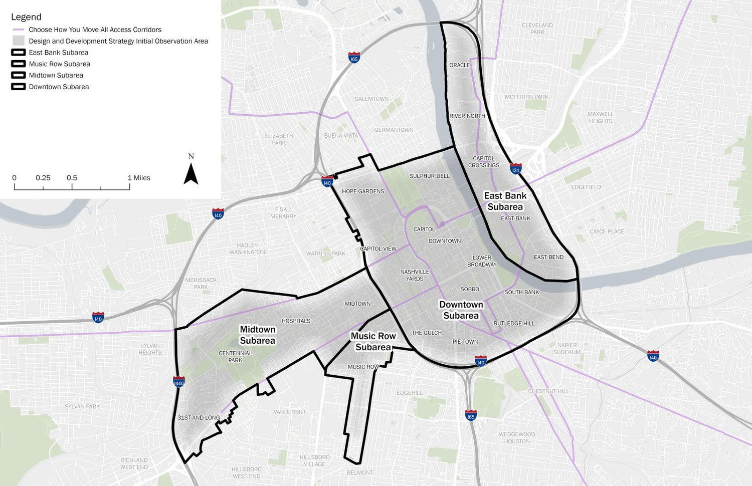 Map of the Design and Development Strategy study area, covering Nashville's Downtown, Midtown, Music Row, and East Bank subareas