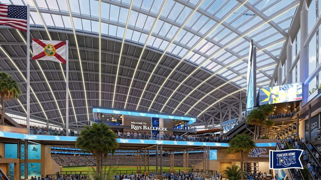 Interior concourse rendering of the proposed Rays ballpark beneath its fixed roof