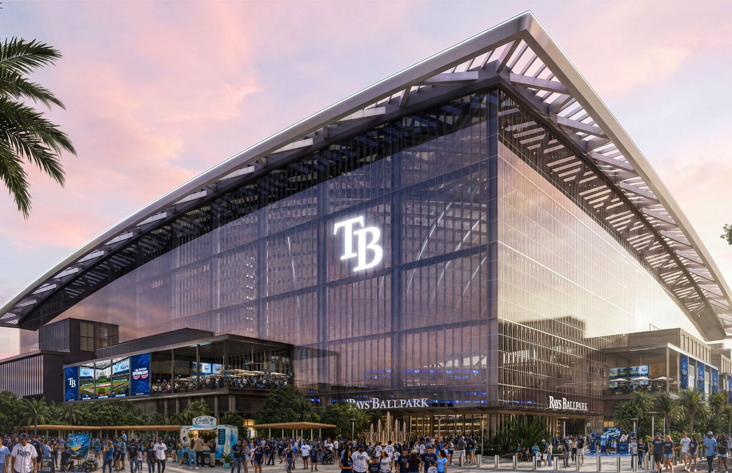Exterior rendering of Rays Ballpark at dusk, from the team's official project website