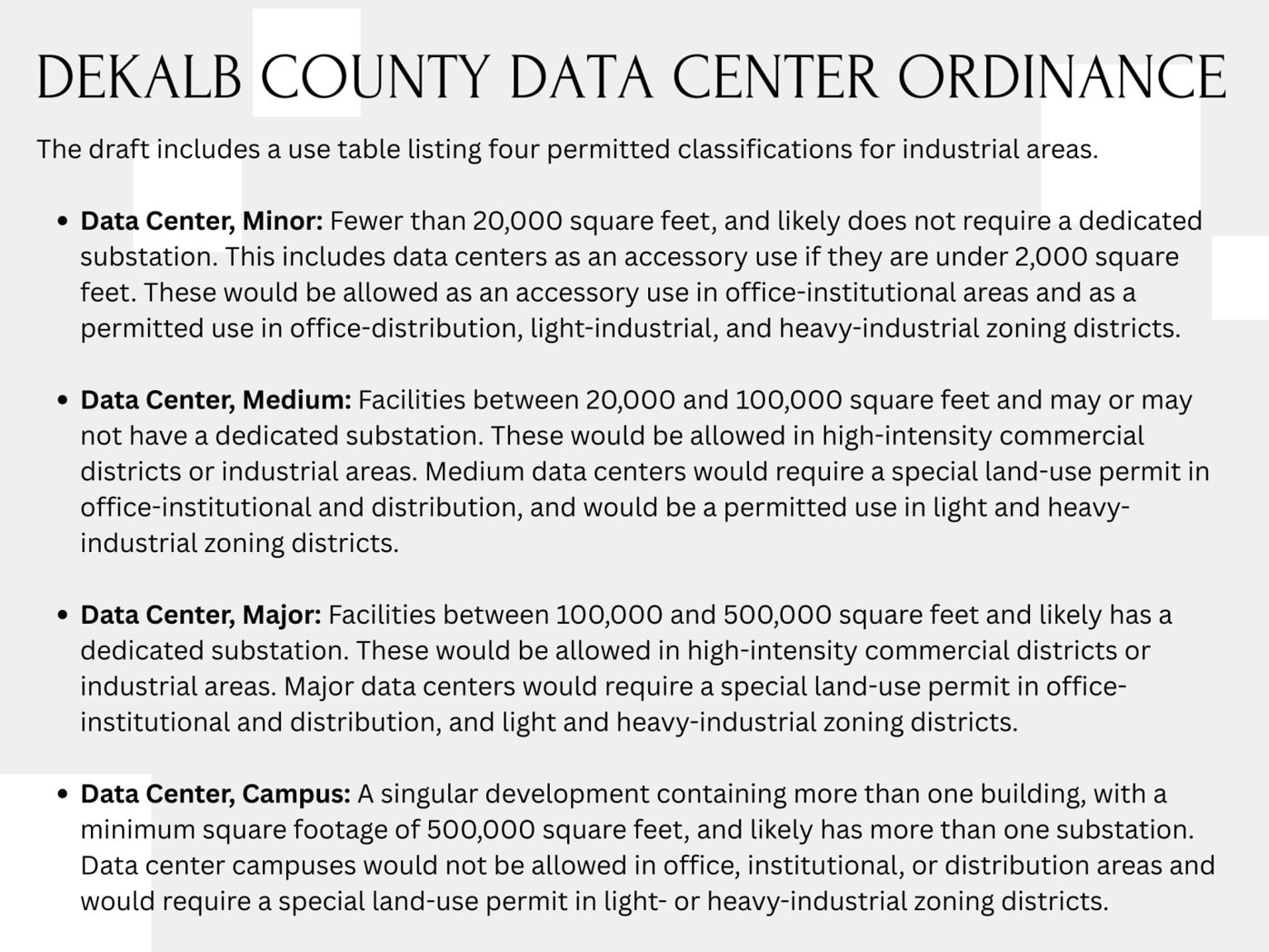 The draft DeKalb County data center ordinance defines four classifications: Minor, Medium, Major, and Campus