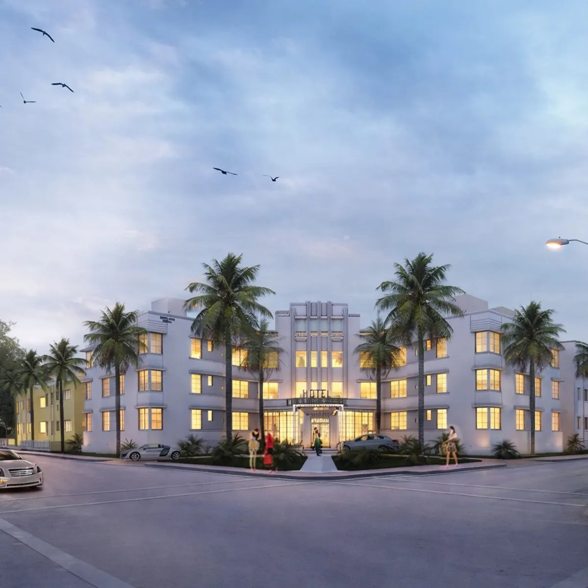 Street-front rendering of the restored Collins Park Hotel, part of the Hilton Miami Beach Convention Center Hotel project