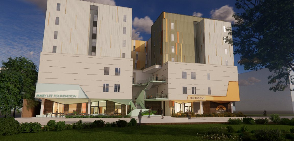 Rendering of The Bloom at Lamar Square, a proposed 100-unit affordable housing development in Austin