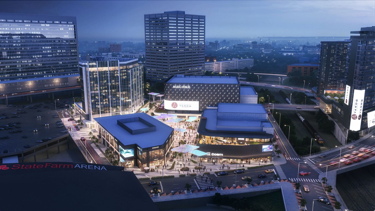 Rendering of Centennial Yards' entertainment district adjacent to State Farm Arena