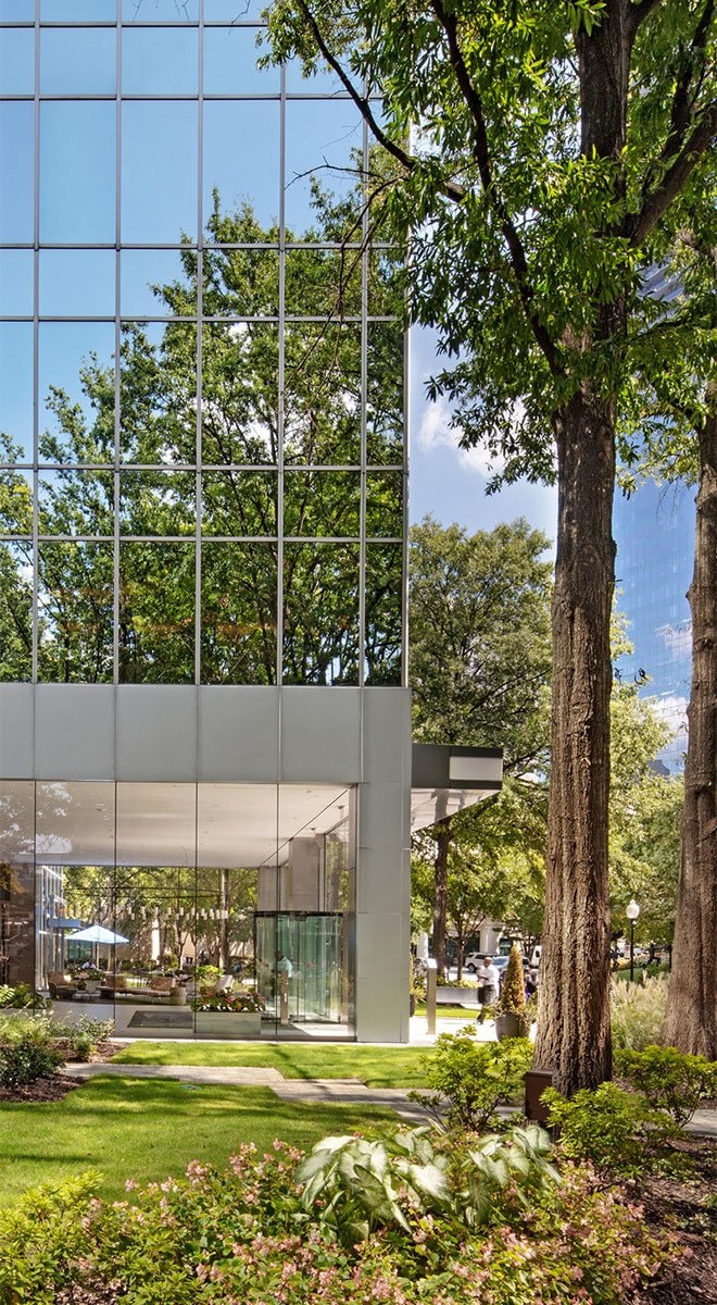 Landscaped entry plaza at Tower Place 100