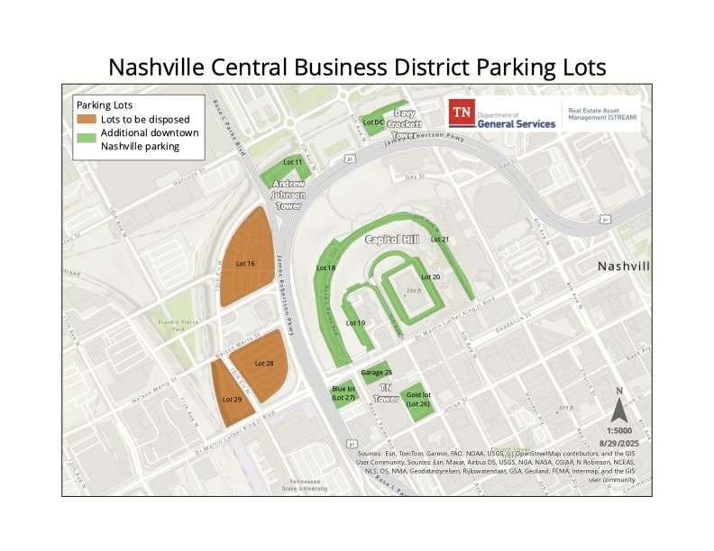 State of Tennessee map identifying downtown parking lots, including Lots 16, 28, 29, Blue Lot and Gold Lot, to be disposed for redevelopment