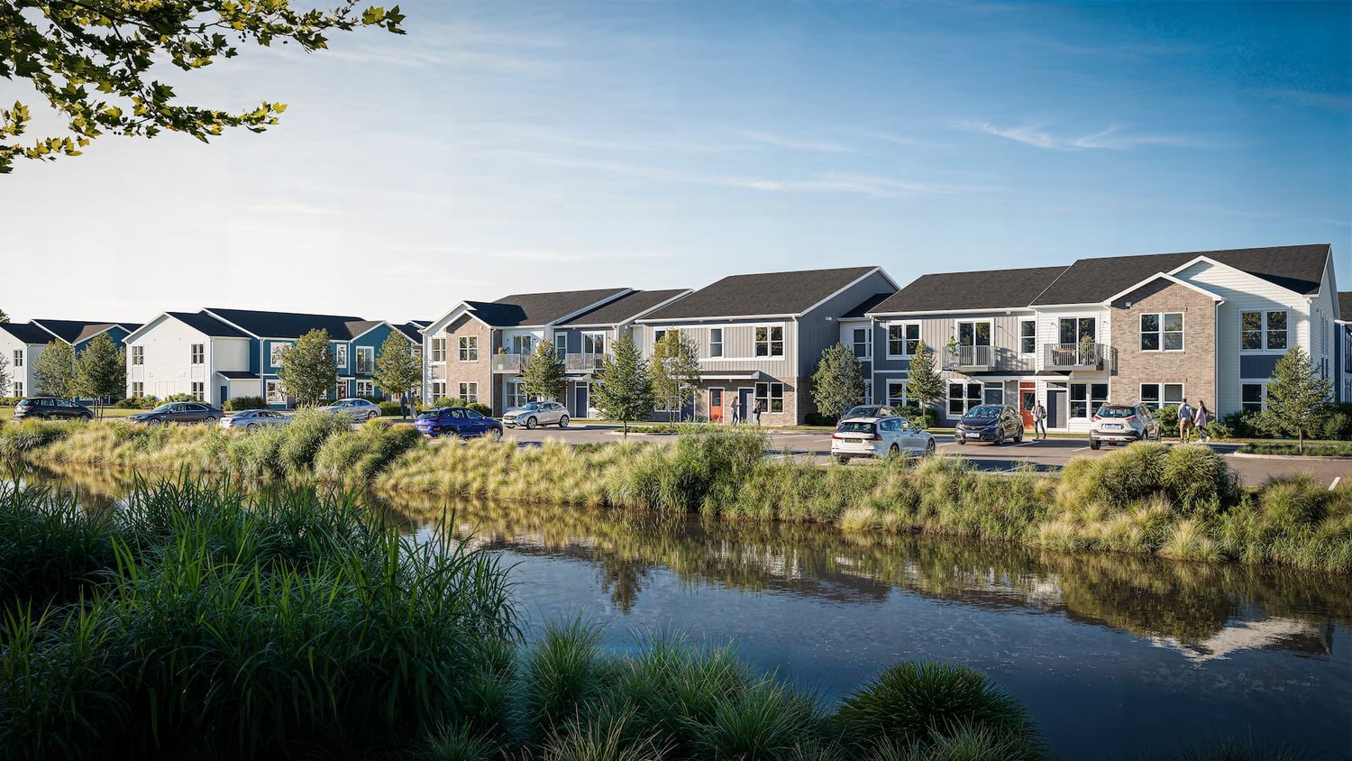 Rendering of Springs at Abbey Crossings residences viewed across the community pond