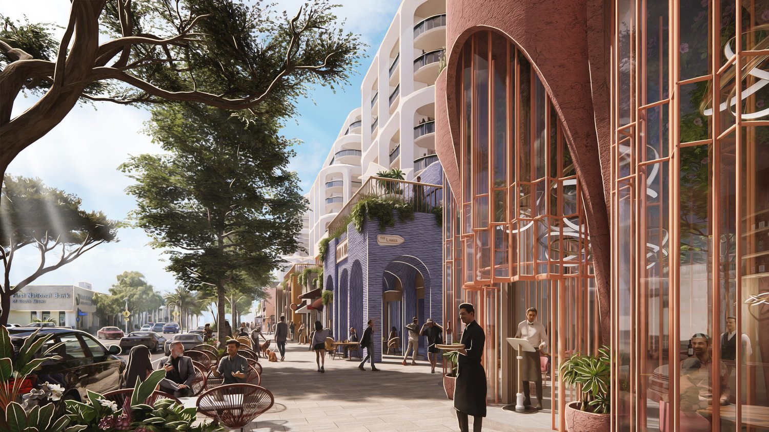 Street-level rendering of retail arcades at Sunset Place, designed by Heatherwick Studio