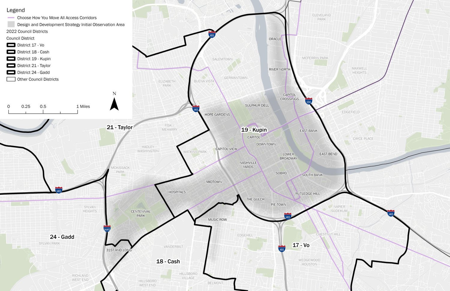 D&DS Initial Observation Area shown with Metro Council districts in Nashville's Urban Core