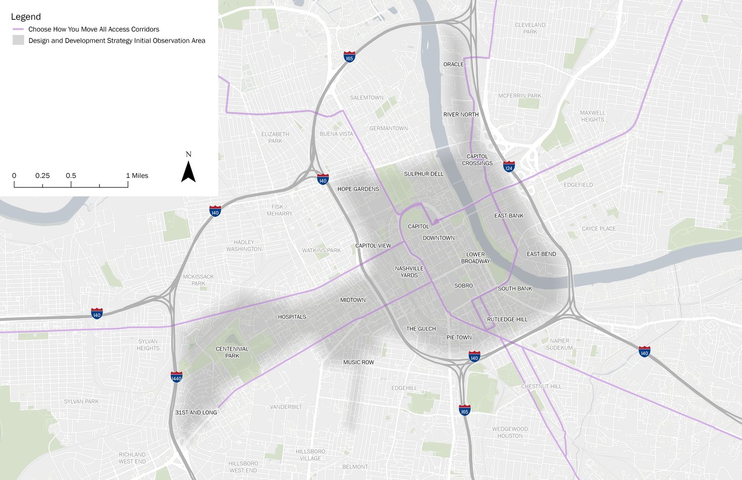 Map of the Design and Development Strategy Initial Observation Area covering Nashville's Urban Core