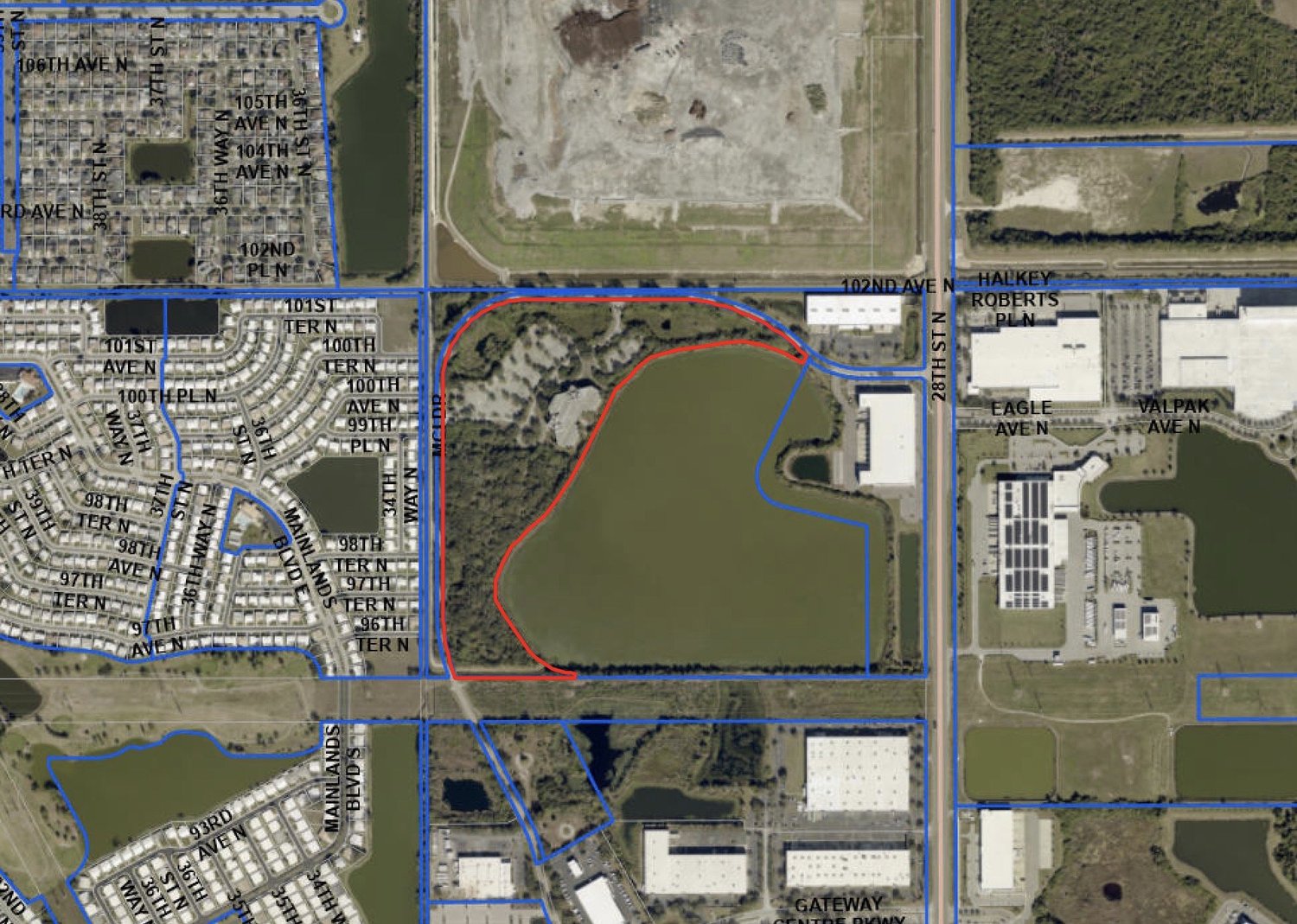 Aerial map showing the outlined MCI Drive development site in Pinellas Park