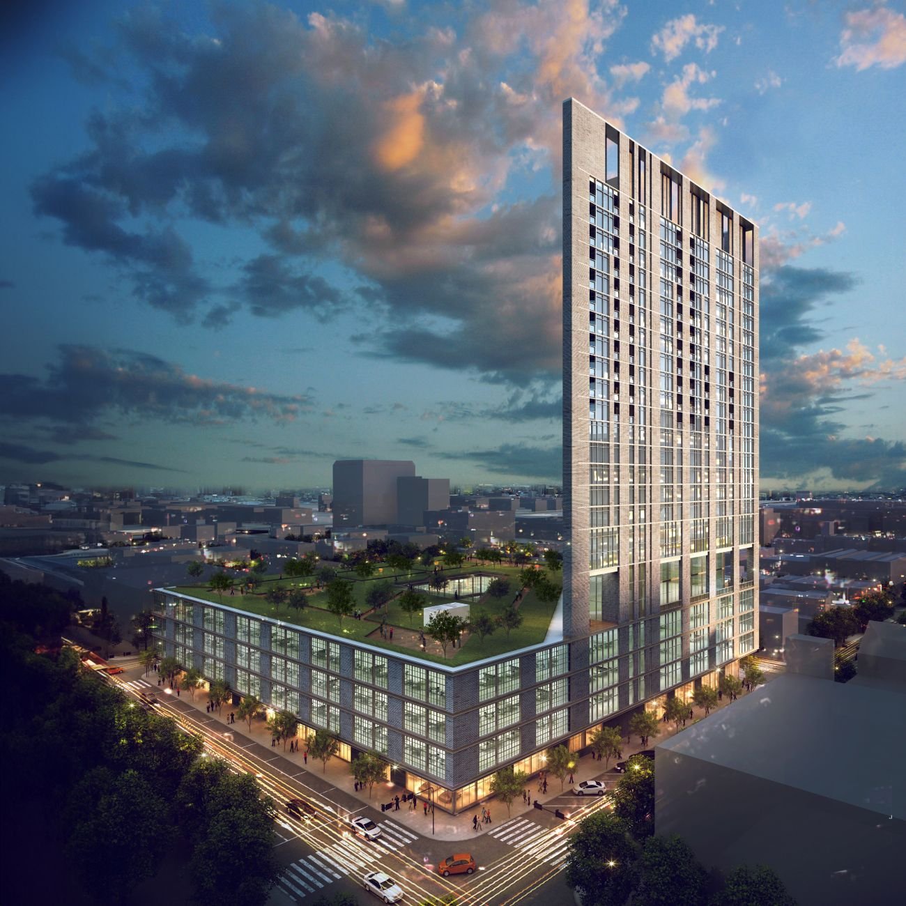 Evening aerial rendering of Block 87 at 701 Trinity Street