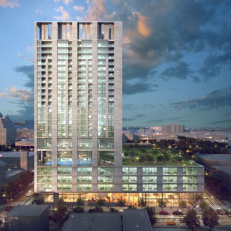 Rendering of Block 87 at dusk, viewed from the east