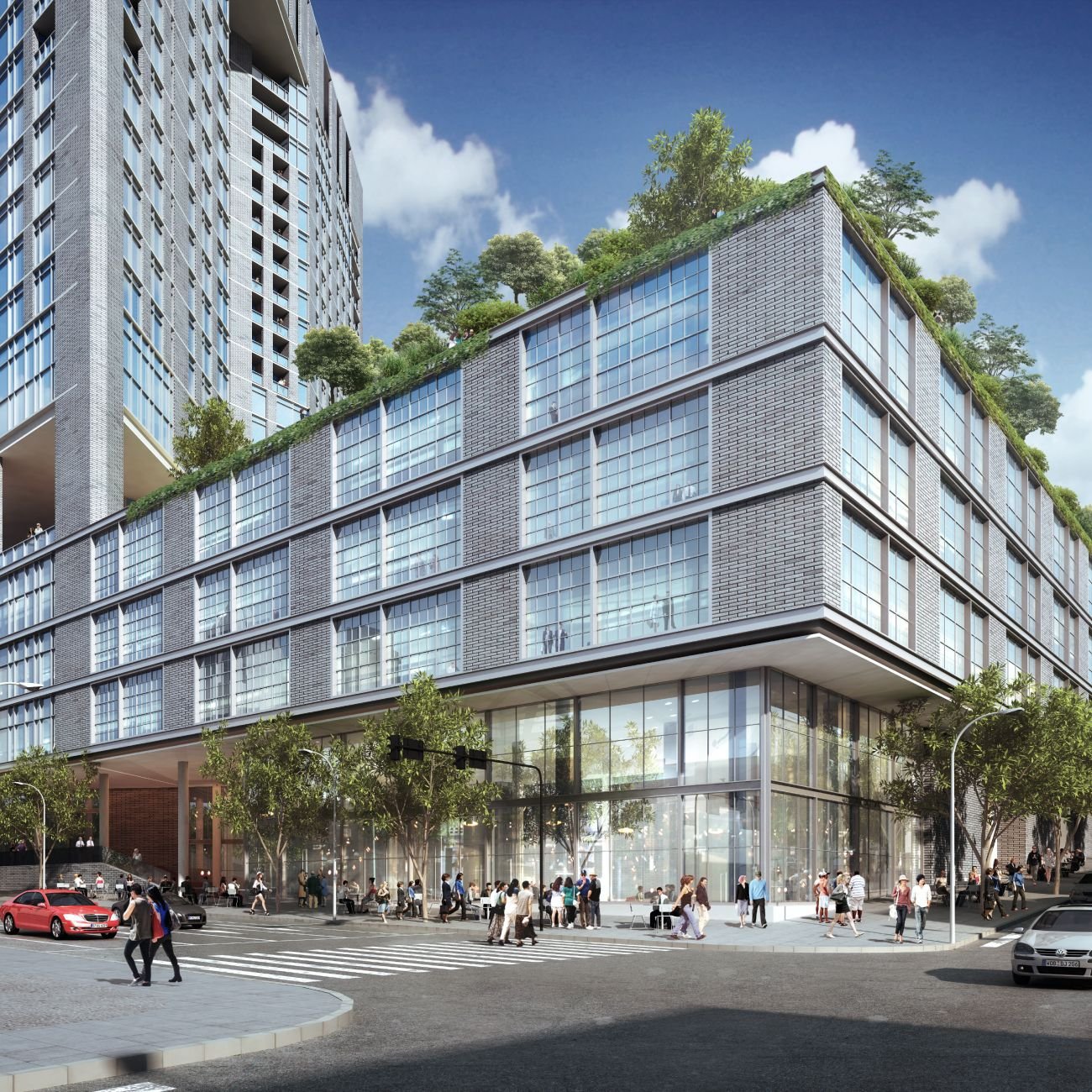 Street-level rendering of Block 87's podium and ground-floor retail