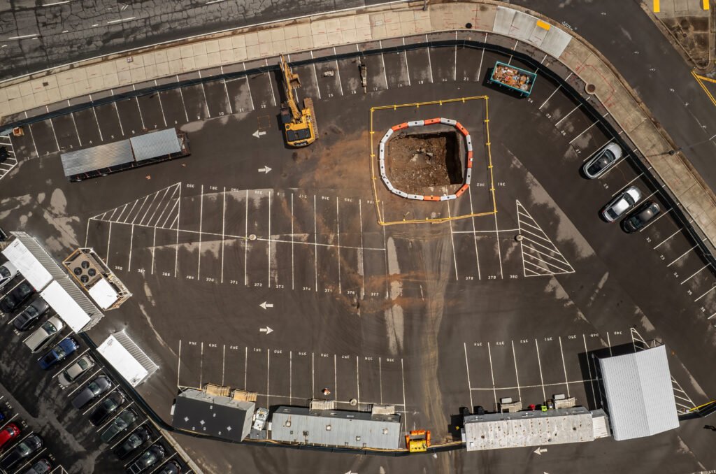 Aerial view of site investigation work on one of the state-owned downtown Nashville parking lots