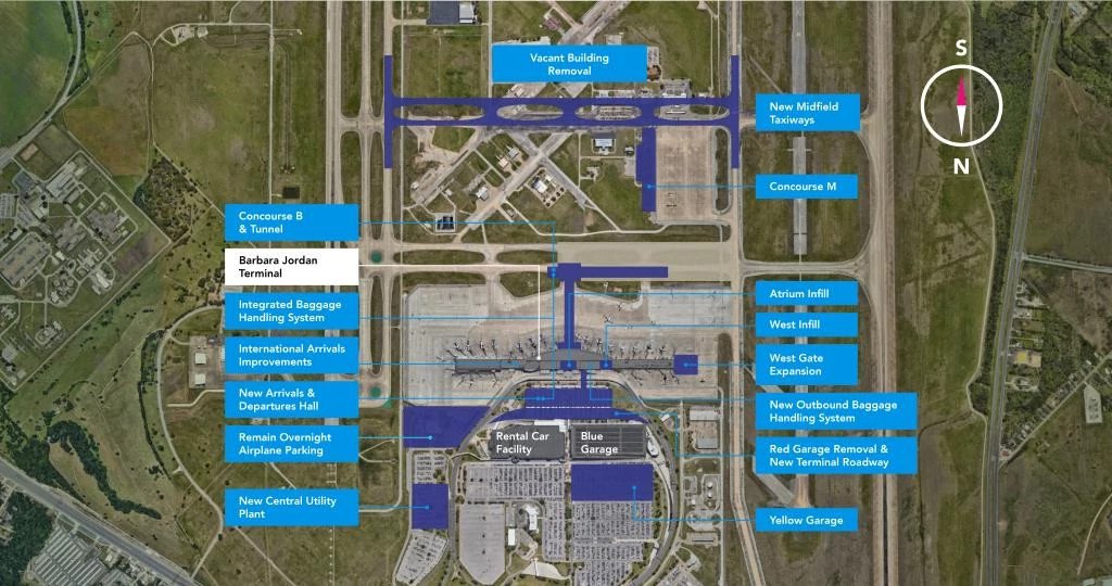 Aerial site plan of the Austin-Bergstrom International Airport expansion program, including the Utilities Infrastructure Campus-Wide project