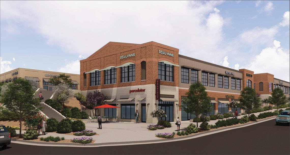 Rendering of retail and restaurant buildings planned for Woodstock Mill District
