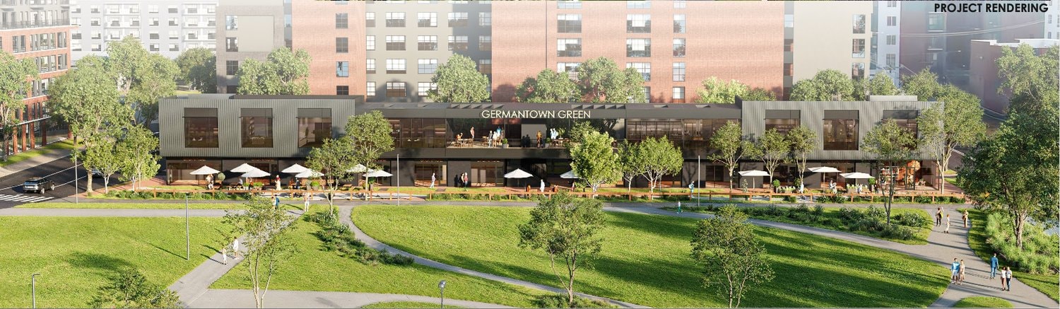 Project rendering of Germantown Green fronting the greenway