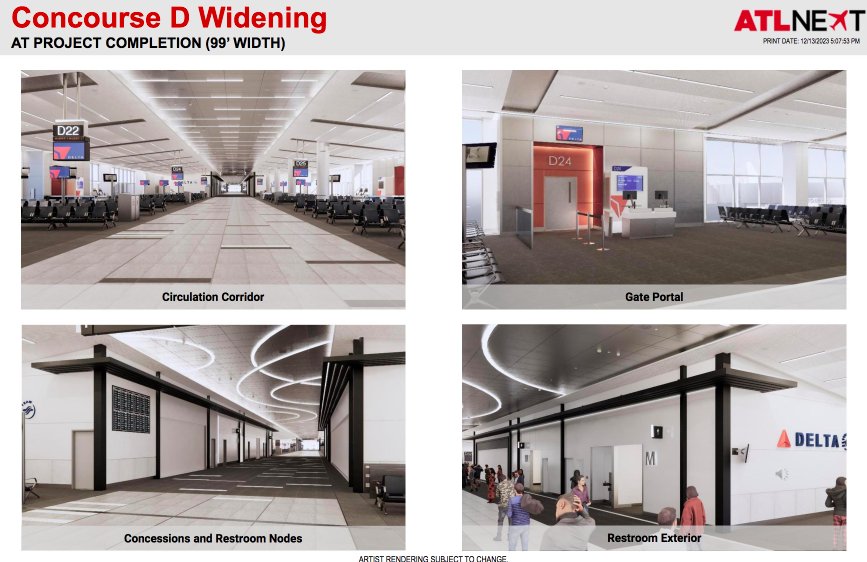 Official ATLNext renderings of the Concourse D widening, showing the circulation corridor, gate portals, and concession nodes