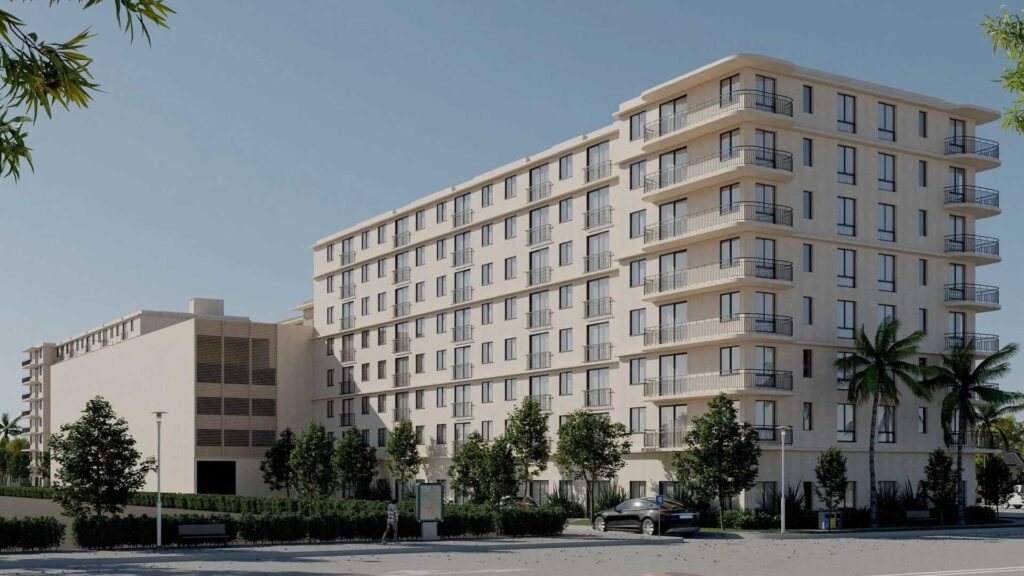 Rendering of Lyra Palmetto Bay showing the residential building and parking structure
