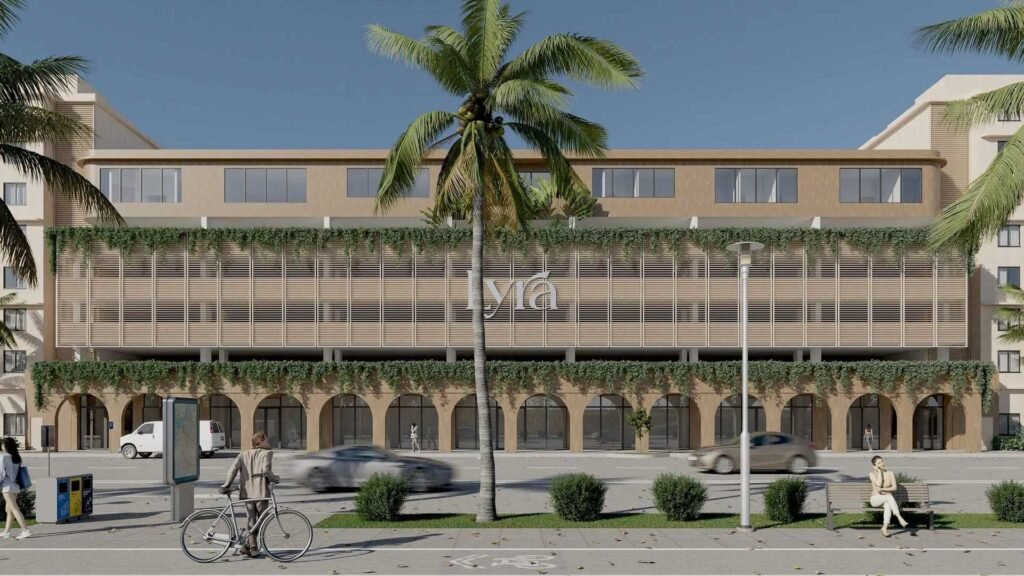 Street-level rendering of Lyra's ground-floor arcade and retail frontage in Palmetto Bay